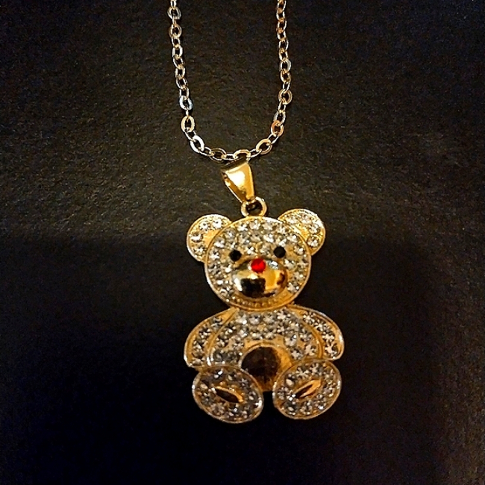 Women's iced out Teddy Bear necklace chain and charm pendant set